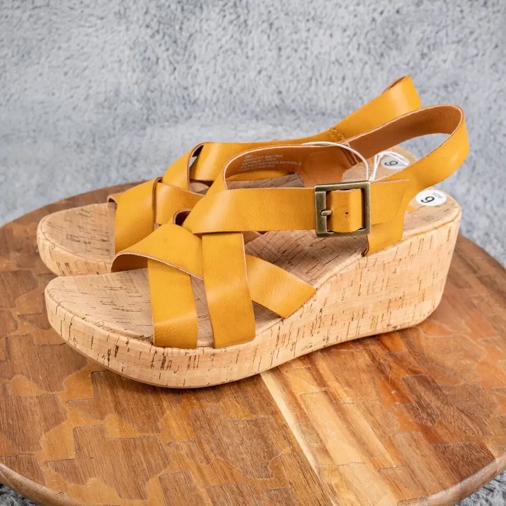 Korks Nova Comfort Platform Cork Wedge Strappy‎ Sandals Yellow Size 9